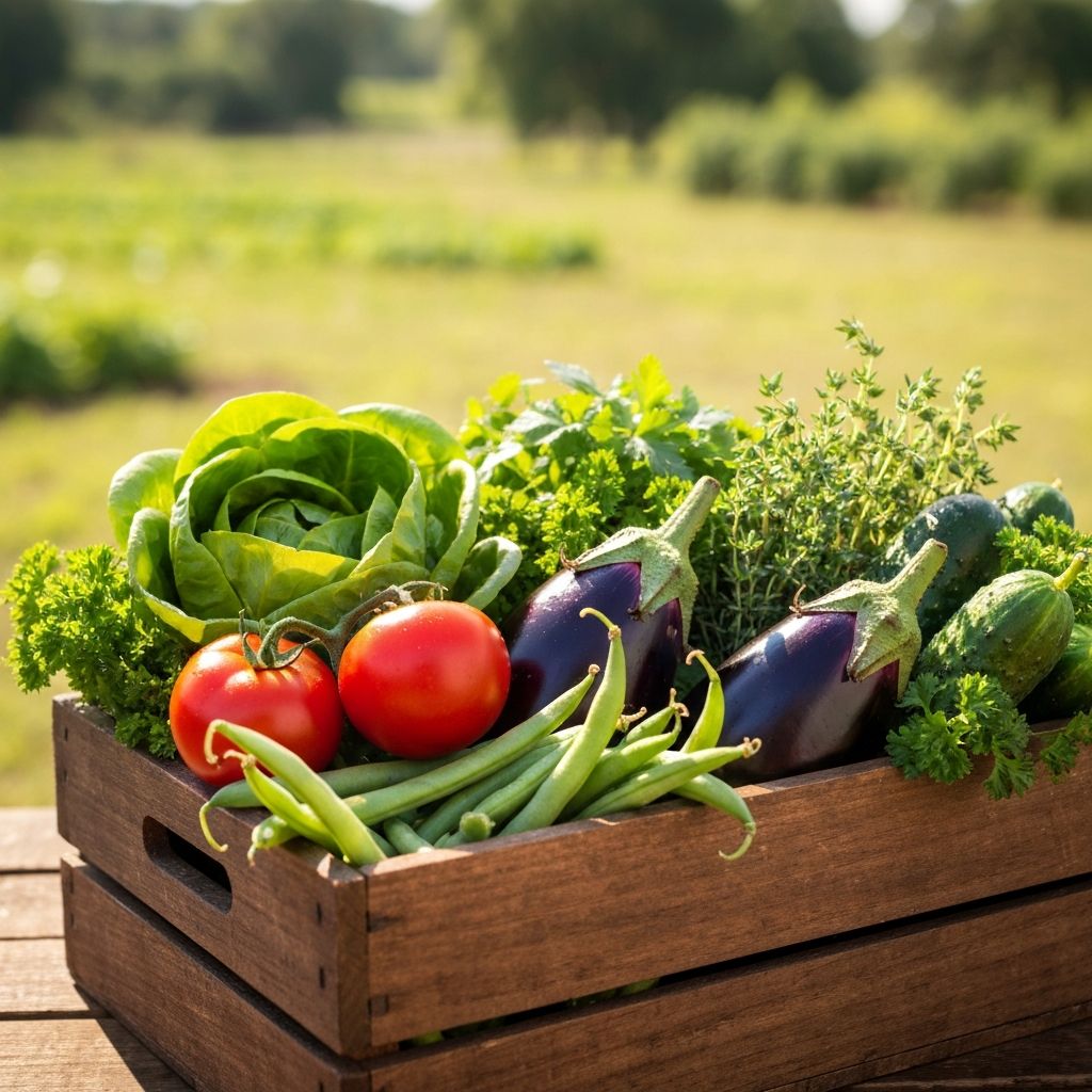 Farm-fresh organic vegetables in a wooden crate