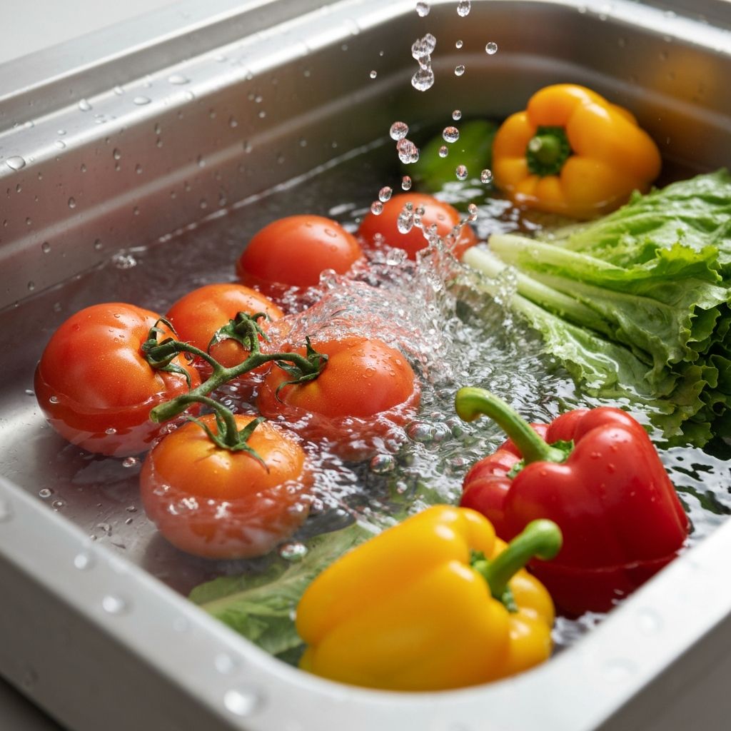 Fresh vegetables being washed with clean water